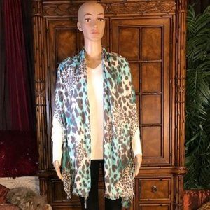 Kasper Aqua Leopard Fringe Scarf